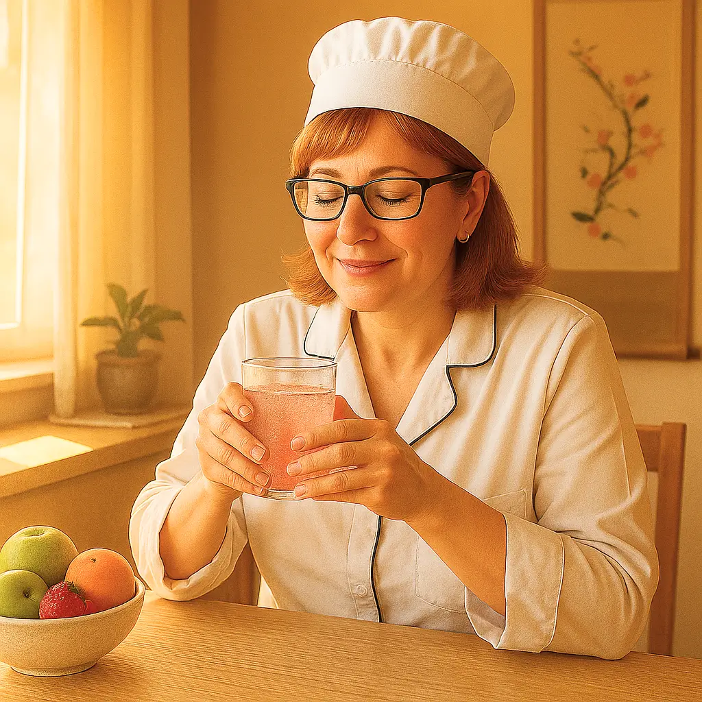 A person enjoying a peaceful morning with a glass of pink salt drink, reflecting the benefits of the Pink Salt Trick Recipe for hydration and digestion.