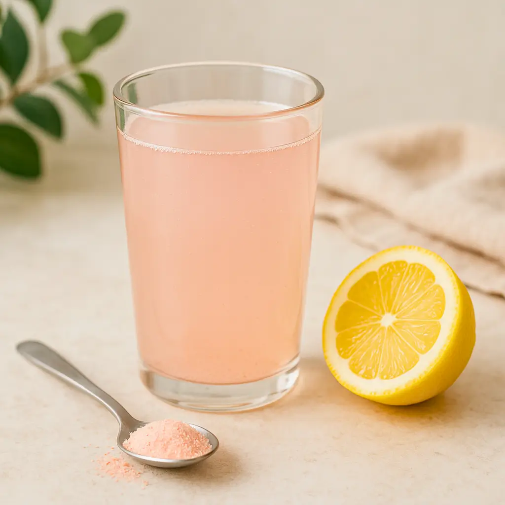 Glass of warm water with pink salt, lemon, apple cider vinegar, and honey on a countertop, symbolizing the Pink Salt Trick Recipe for detox.