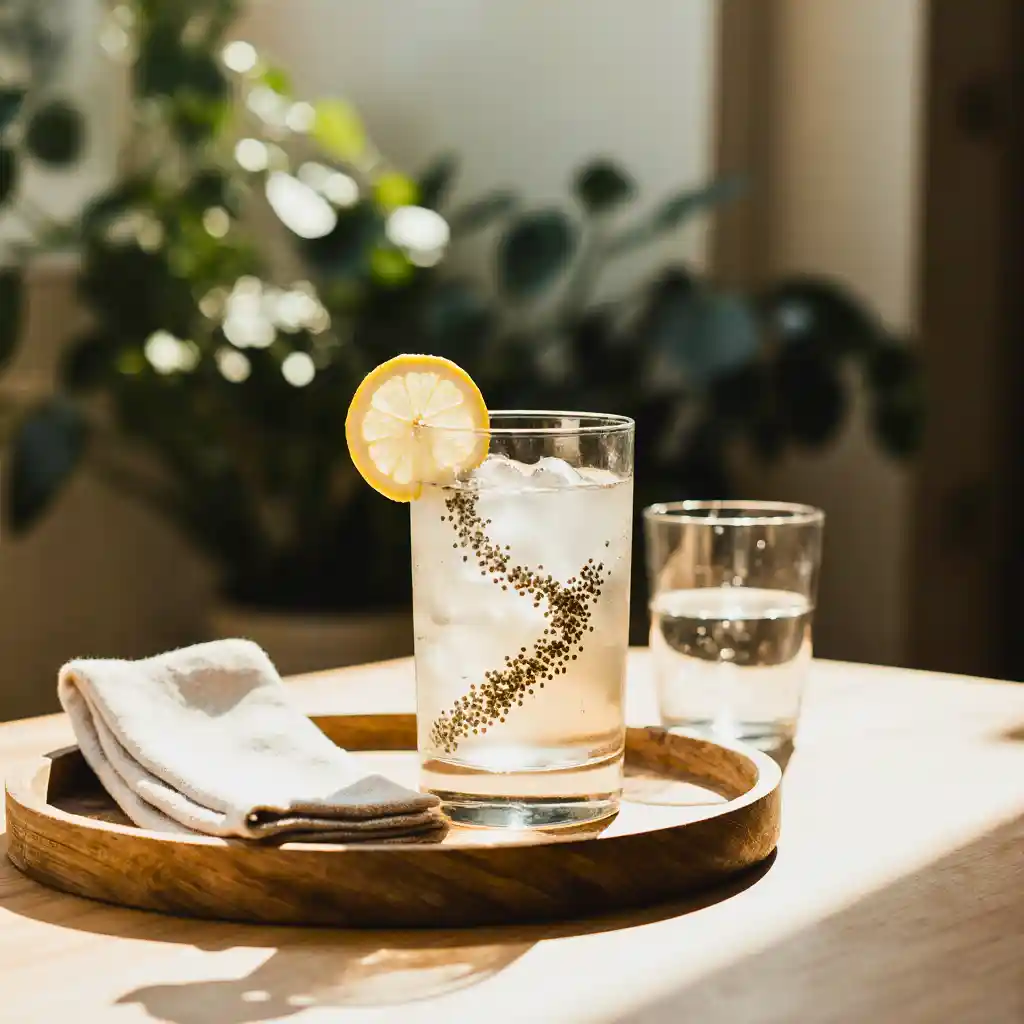 Served zepbound drink with chia and lemon in a cozy setting.