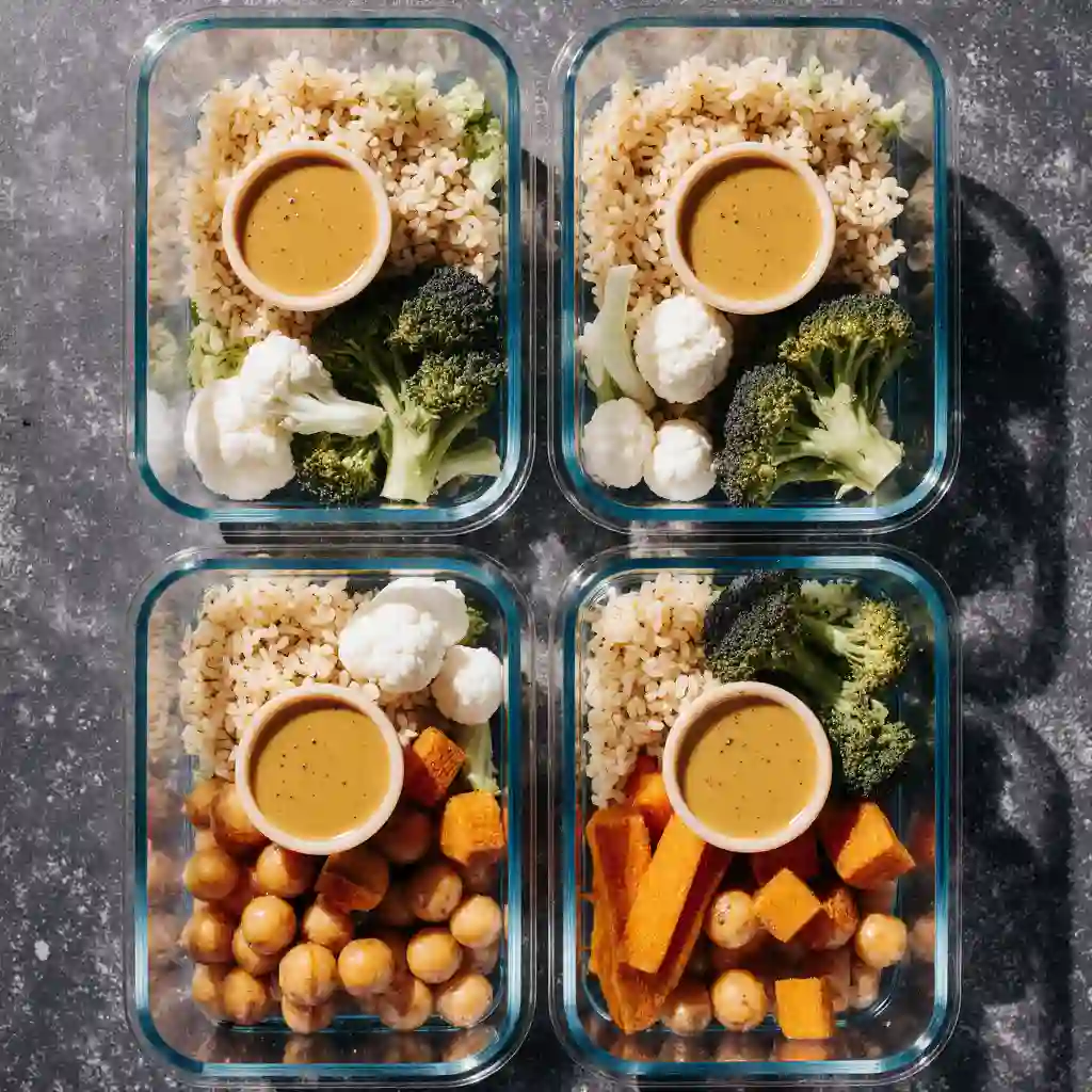 Meal Prep Vegan Ideas - Organized containers with colorful plant-based meals like quinoa, chickpeas, and avocado in a modern kitchen.