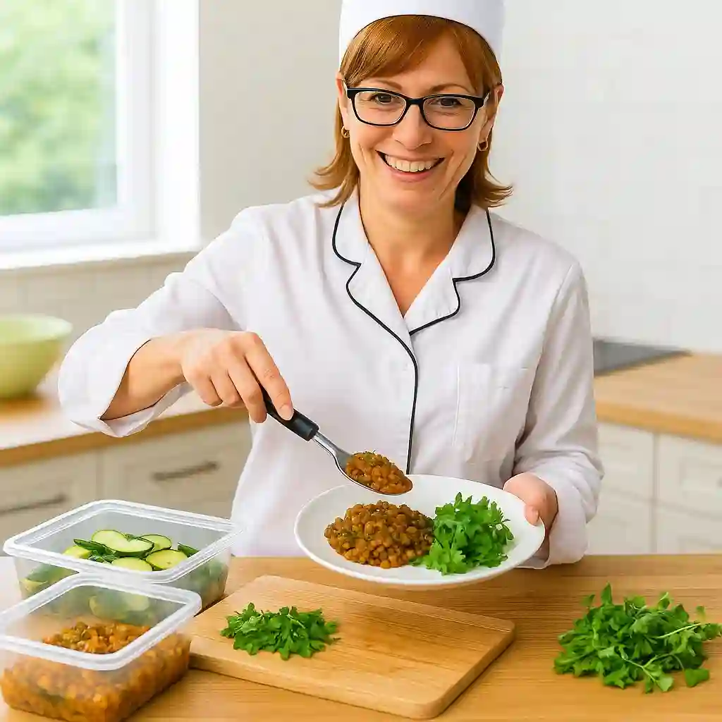 Woman serving Vegan Meal Prep Ideas in a kitchen setting