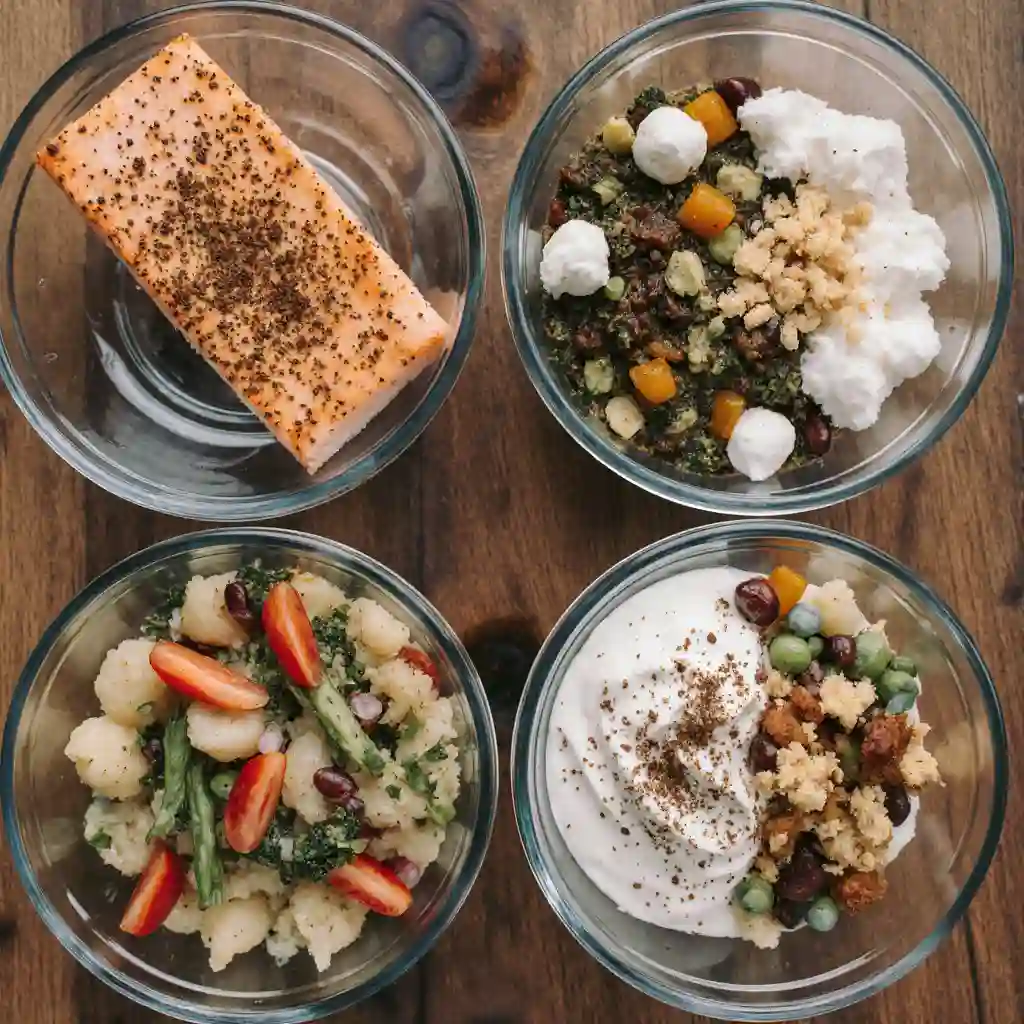 Three healthy weight-loss meals: salad, quinoa bowl, and grilled chicken with cauliflower rice, showcasing Alternatives to Mounjaro