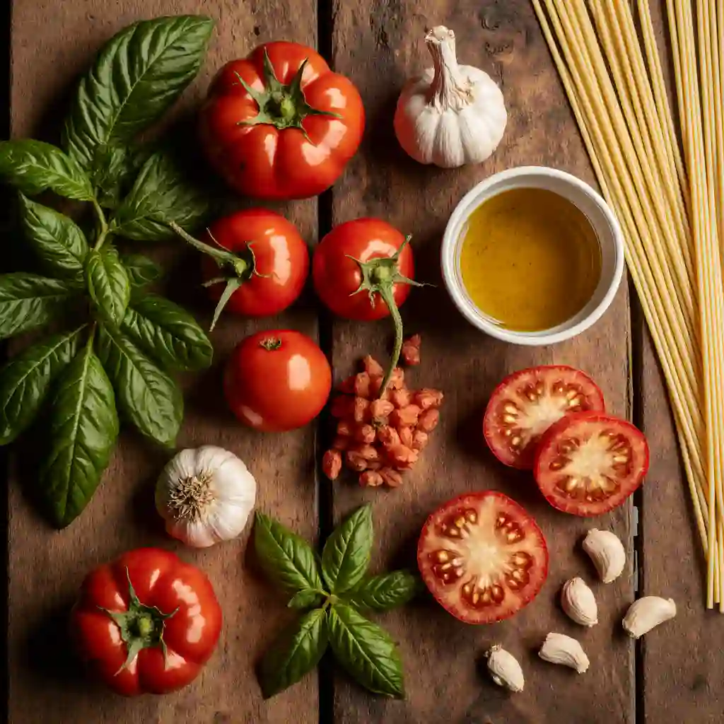 Fresh ingredients for habanero pasta, including habanero peppers, tomatoes, garlic, and fresh basil.