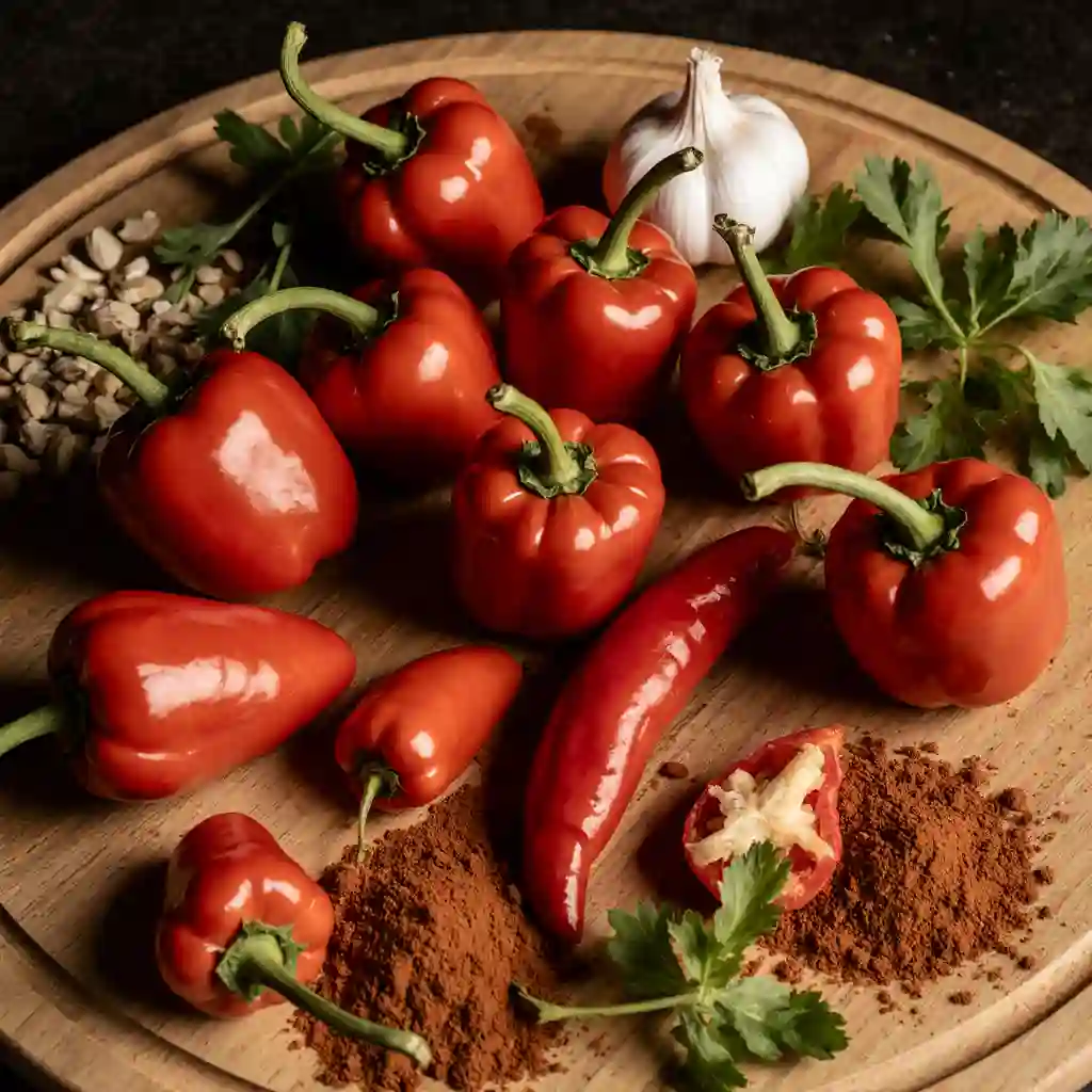 Chopped and whole Pequin Pepper on a cutting board with fresh garlic, cumin, paprika, and cilantro