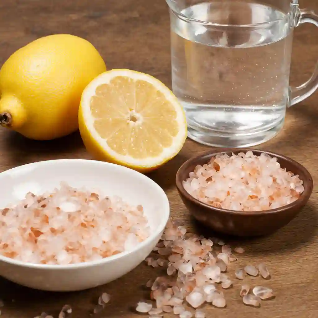 Ingredients for Pink Salt Trick Recipe for Weight Loss: Himalayan pink salt, fresh lemon, and warm water on a wooden kitchen countertop