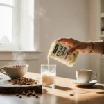 Realistic photo of a woman pouring Califia Almond Milk into a glass in a bright kitchen