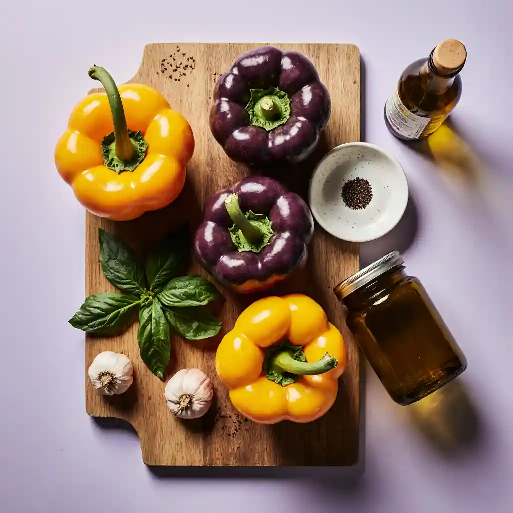Fresh ingredients for a recipe with purple bell peppers, yellow bell pepper, fresh basil, olive oil, and garlic arranged on a wooden cutting board