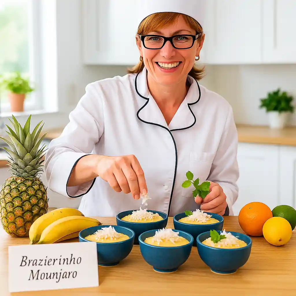 A woman serving Brazilian Mounjaro 3 ingredients in a bright kitchen, with bowls of tropical fruit dessert topped with coconut and mint.