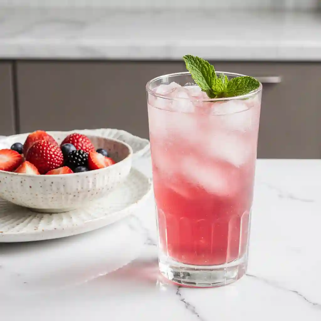 Refreshing glass of pink salt trick for weight loss, placed next to fruits and mint for a healthy lifestyle