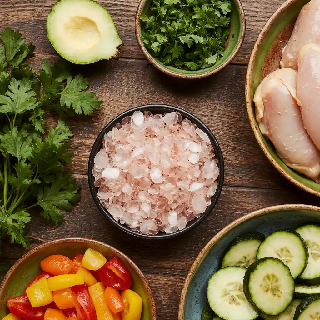 Ingredients for Homemade Mounjaro Recipe with Pink Salt - fresh vegetables, chicken, and pink Himalayan salt.