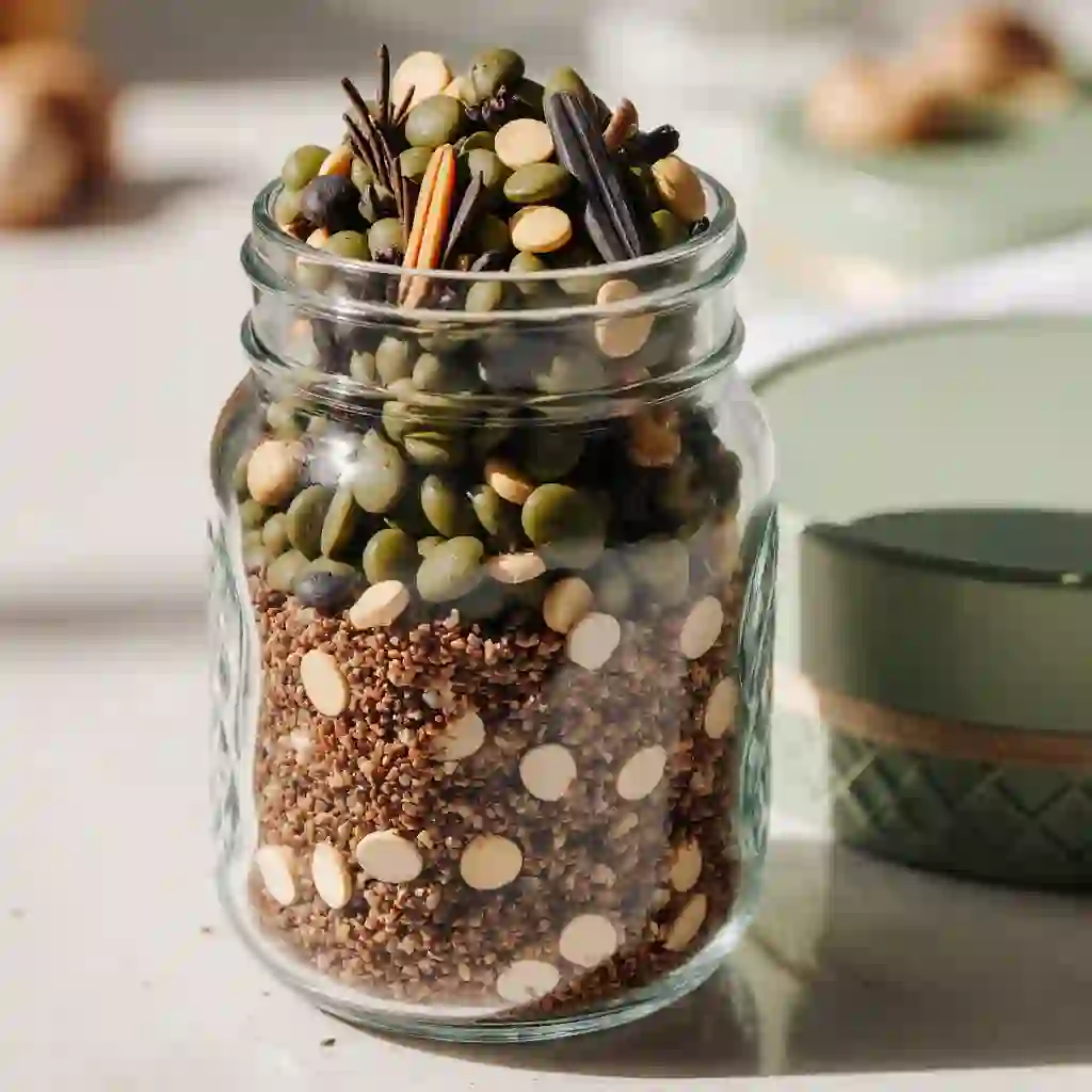 A close-up of a finished bariatric seed recipe with nuts, seeds, and honey on a kitchen table