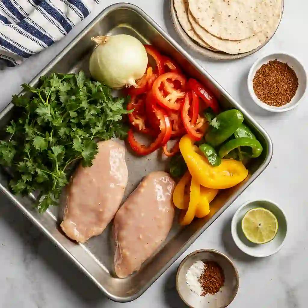 Ingredients for Blackstone Chicken Fajitas: chicken, peppers, onion, seasoning, lime, and tortillas.