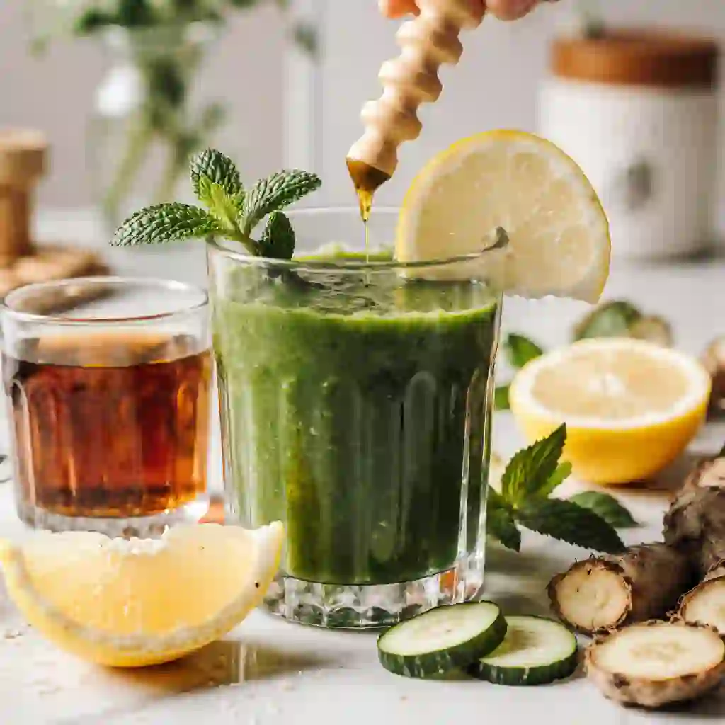Refreshing Natural Mounjaro Drink Recipe in a glass, garnished with mint and lemon, in a cozy kitchen setting.
