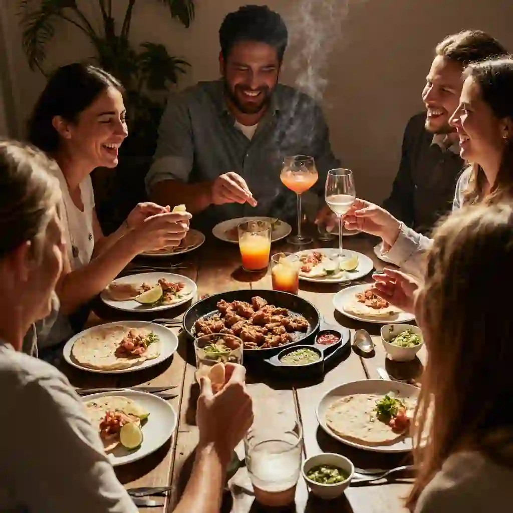 Group of people enjoying fajitas de pollo around a dining table, sharing food and laughter