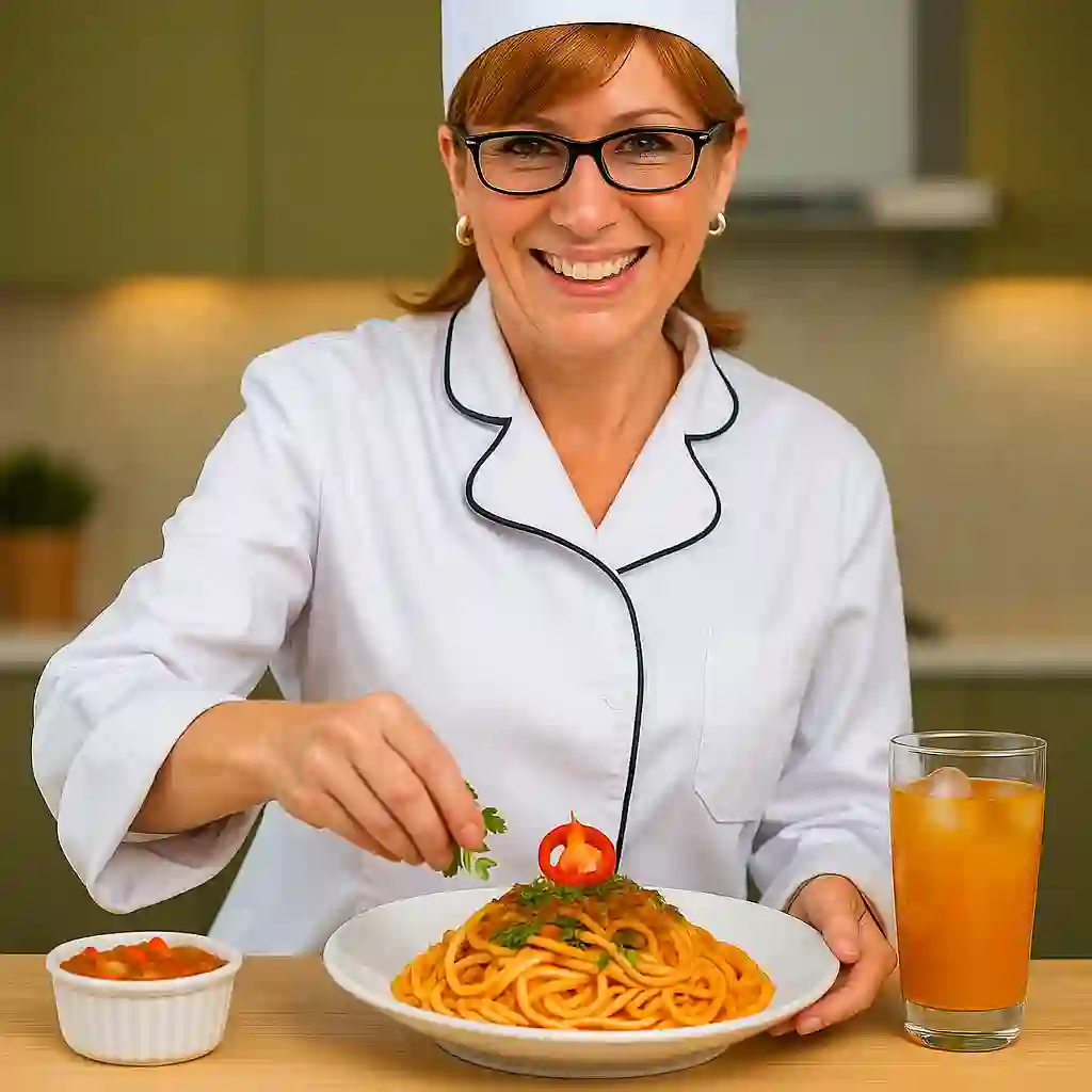 A woman serving a beautifully plated habanero pasta, garnished with fresh herbs and a slice of habanero pepper.