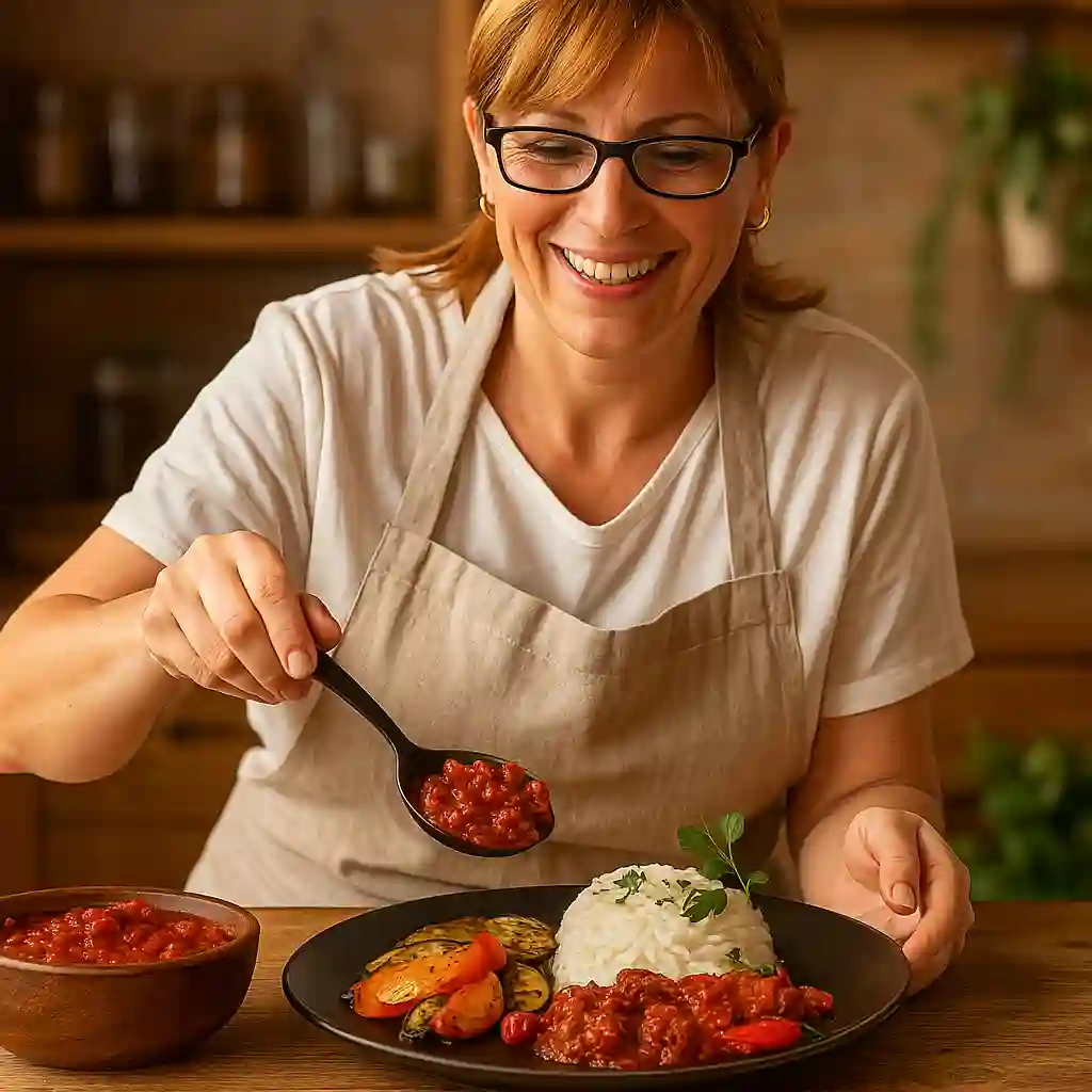 Woman serving a dish made with Pequin Peppers, rice, and grilled vegetables in a cozy kitchen.