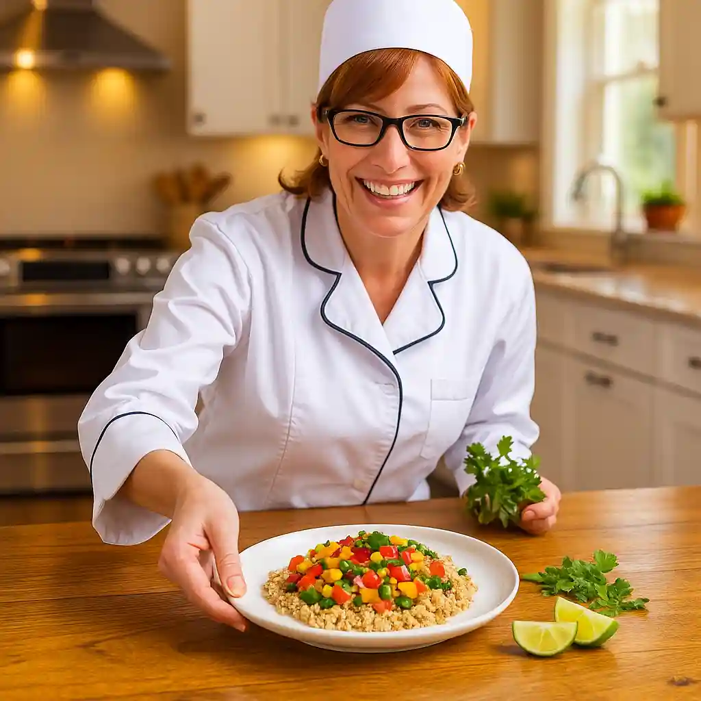 Woman serving A Salt Cellar Mounjaro Recipe with quinoa and colorful vegetables in a cozy kitchen.