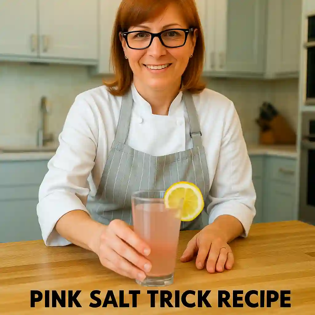 Women serving Pink Salt Trick Recipe for Weight Loss in a modern kitchen, holding a glass with lemon slice on the rim