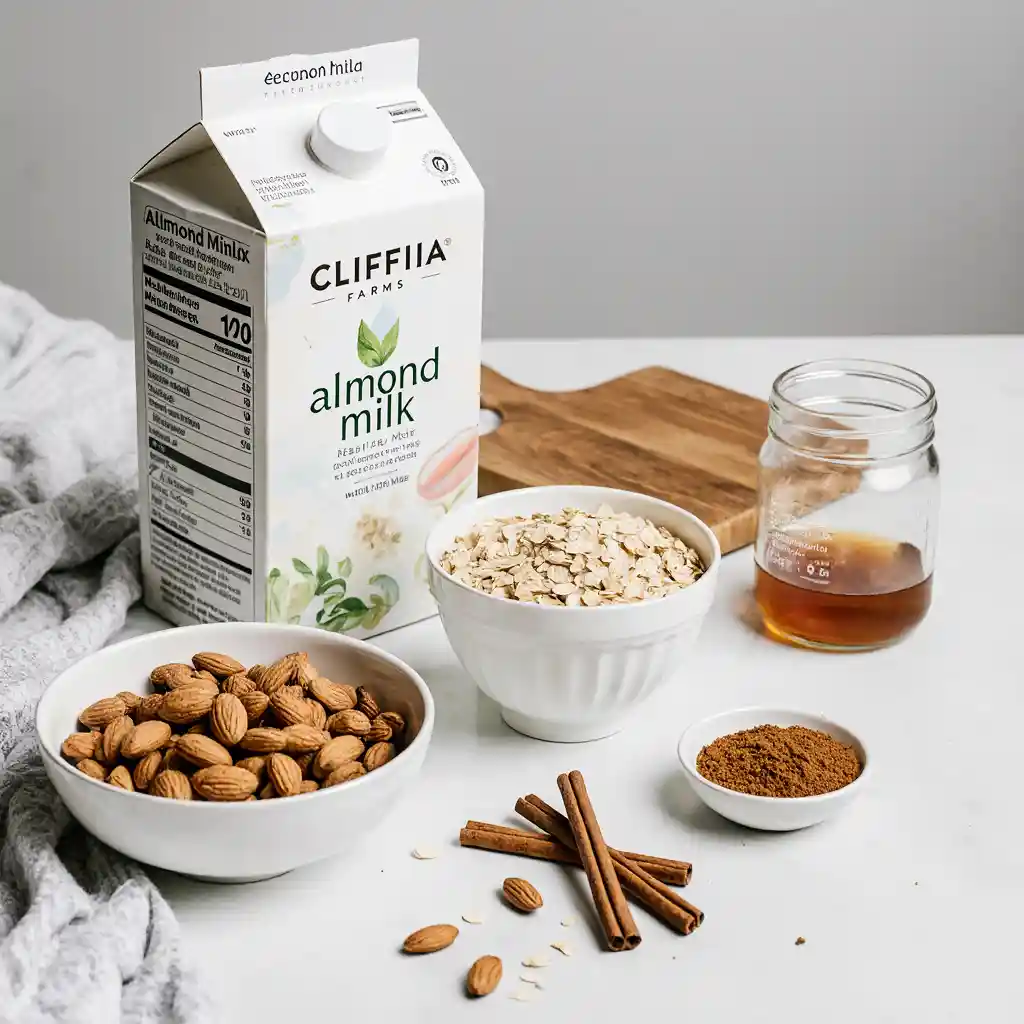 Ingredients for a recipe with Califia Almond Milk including almonds, oats, and honey