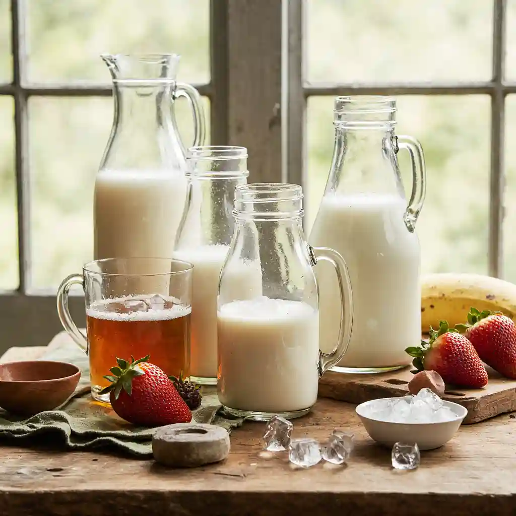 “Ingredients for Glass Milk Glass recipe including milk glass bottles, fresh milk, honey, and colorful fruits.”