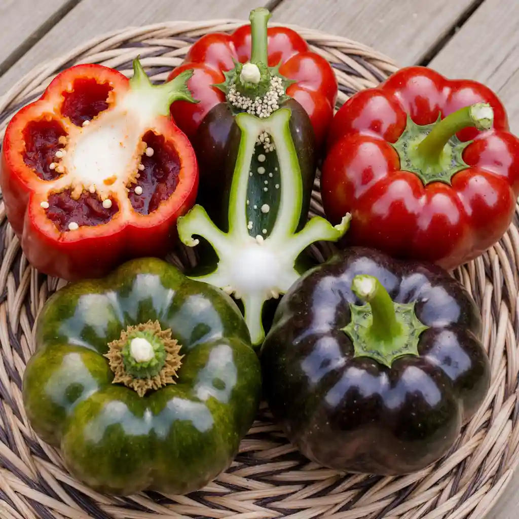 Sautéed purple bell peppers on a plate with fresh herbs and olive oil in a cozy kitchen setting.