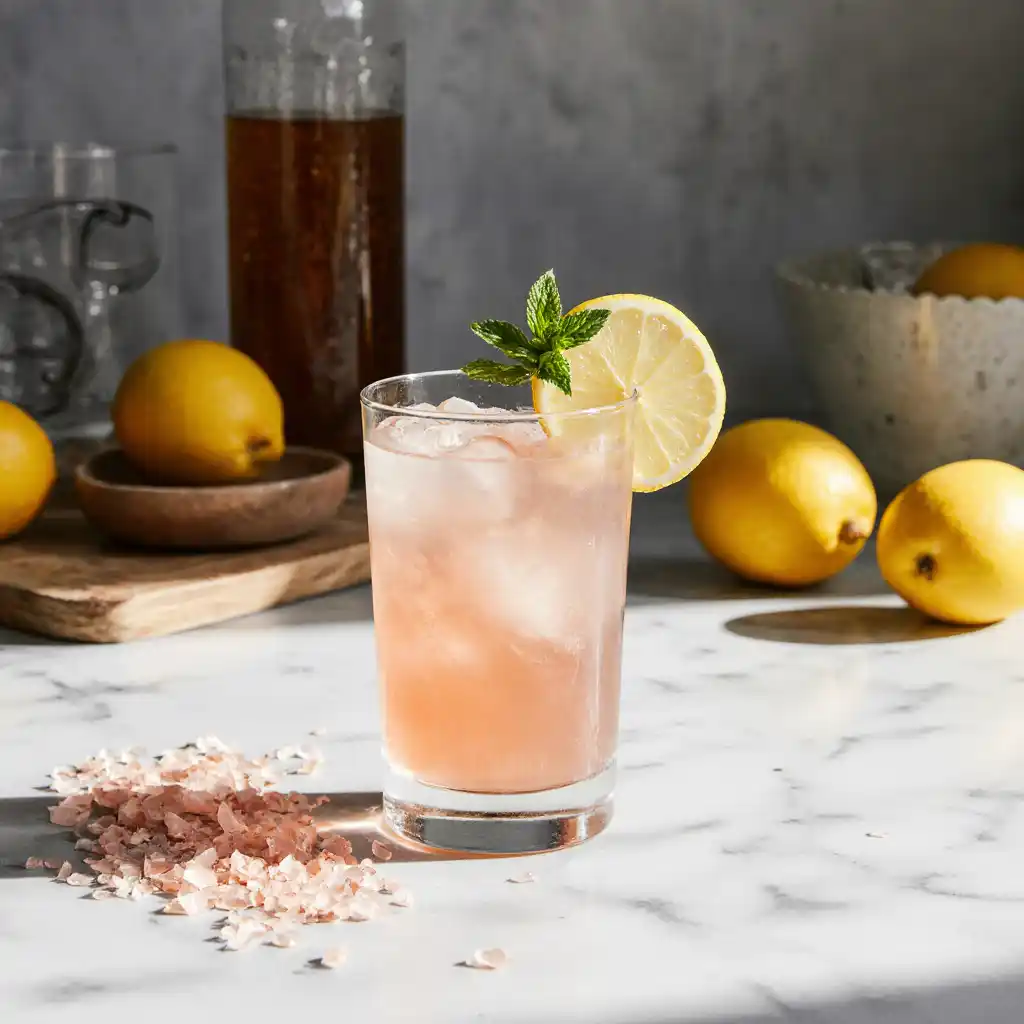 "Himalayan pink salt weight loss recipe with lemon and mint, displayed in a bright kitchen, showcasing detox and wellness."