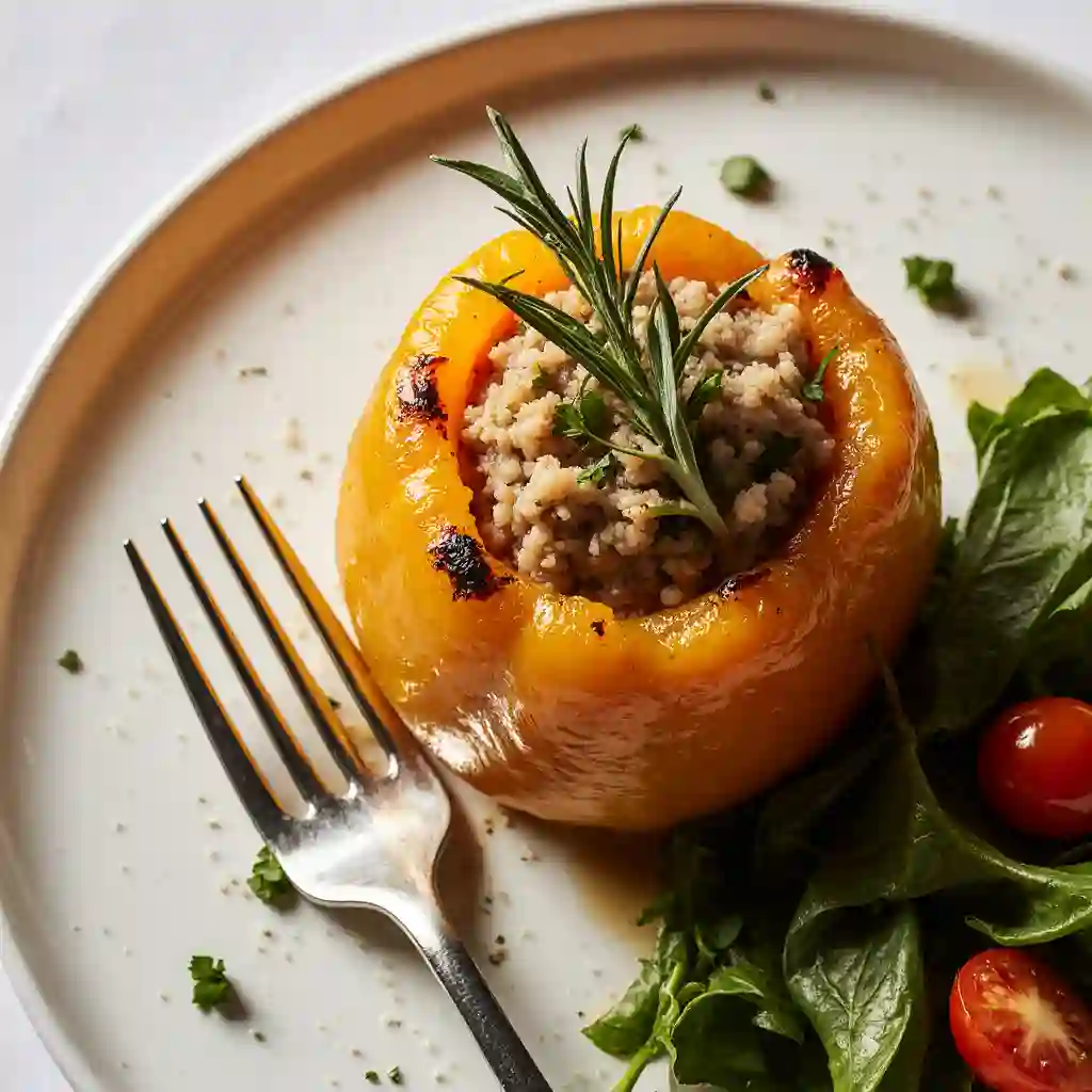 Plated stuffed belle_pepper dish garnished with fresh herbs and served with a side salad."