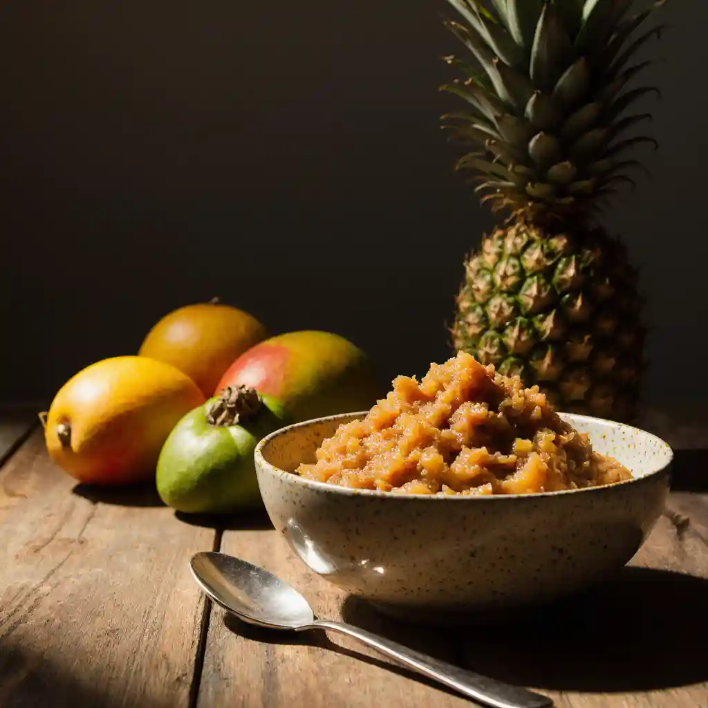 A finished bowl of Brazilian Mounjaro 3 ingredients served with tropical fruits, coconut milk, and a spoon on a rustic wooden table