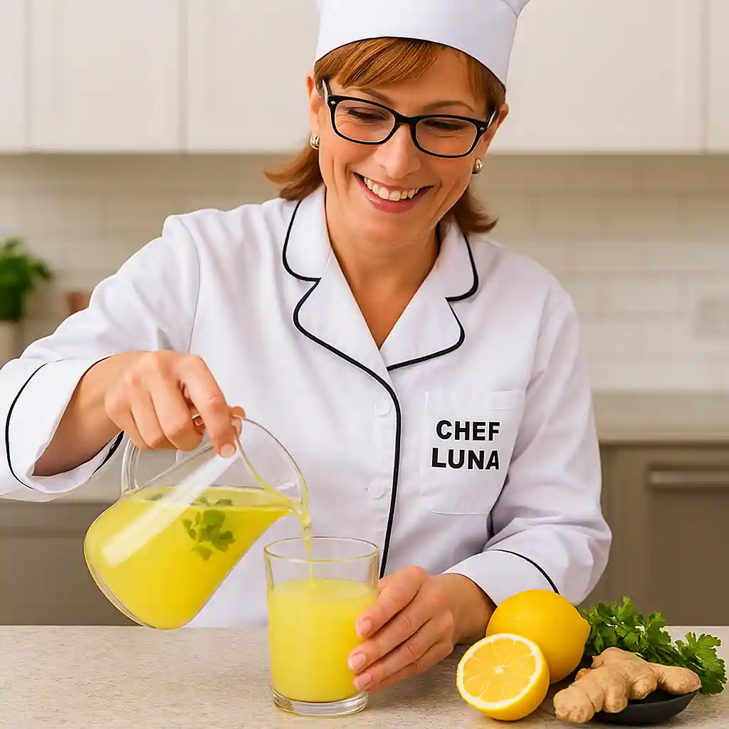 "Woman serving a fat-burning drink made with Mounjaro herbs and lemon in a modern kitchen for natürliches Mounjaro Rezept.
