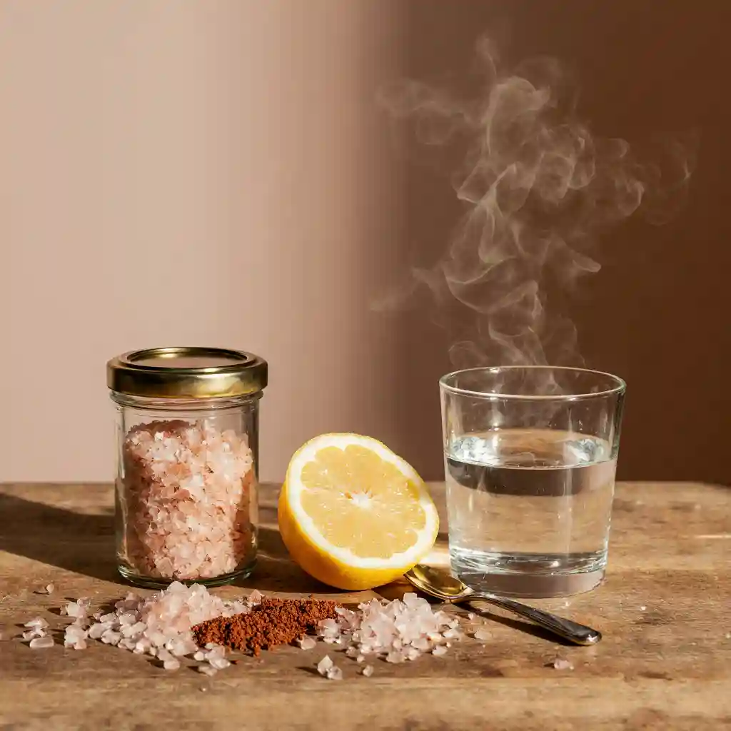 Ingredients for Recipe for Pink Salt Trick for Weight Loss: Pink Himalayan salt, lemon, cayenne pepper, and warm water.