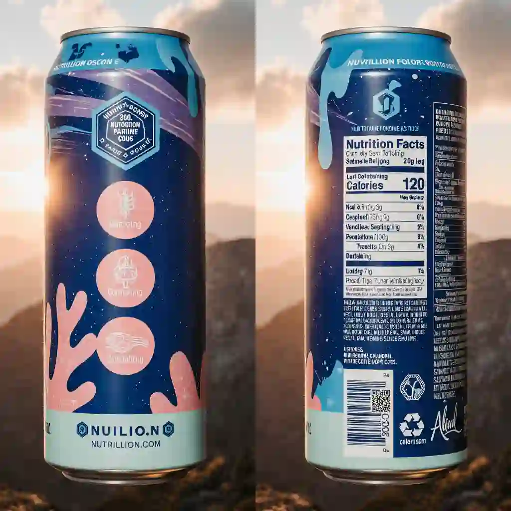 Refreshing Alani Energy Drink Caffeine surrounded by fresh fruits and herbs in a modern kitchen
