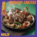 Delicious plate of Takis Fajita fajitas with grilled chicken, sautéed veggies, avocado, sour cream, and Takis chips served on a wooden table in a cozy kitchen."