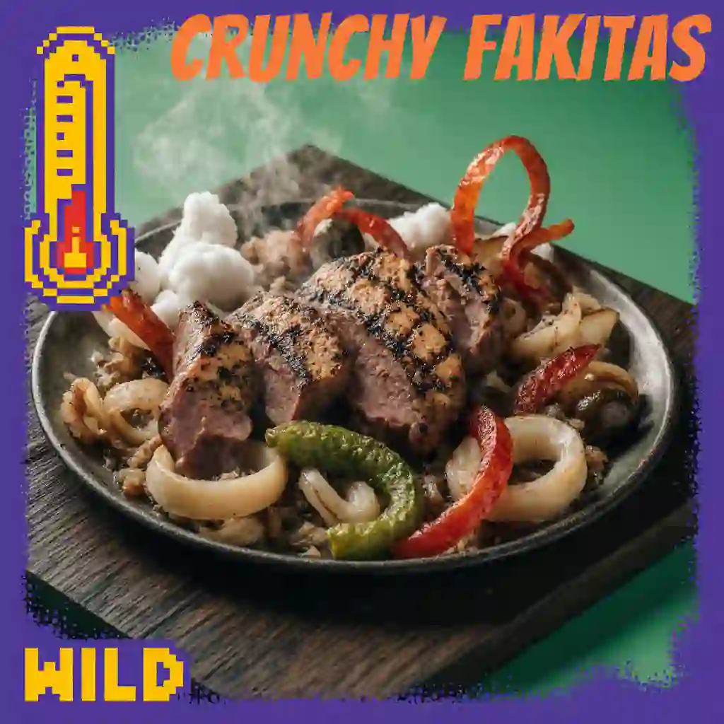 Delicious plate of Takis Fajita fajitas with grilled chicken, sautéed veggies, avocado, sour cream, and Takis chips served on a wooden table in a cozy kitchen."