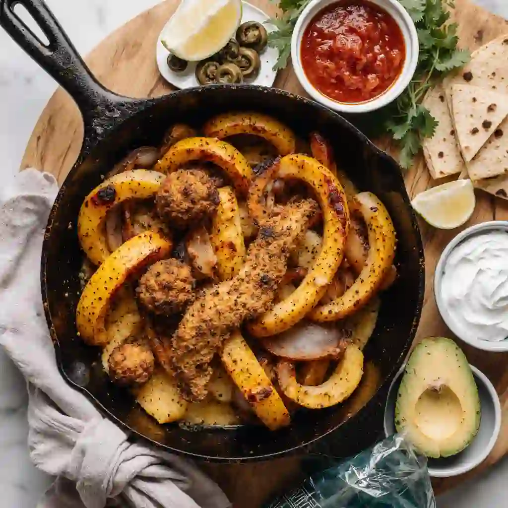 Plated Blackstone Chicken Fajitas served with grilled chicken, peppers, onions, and lime on a dinner table
