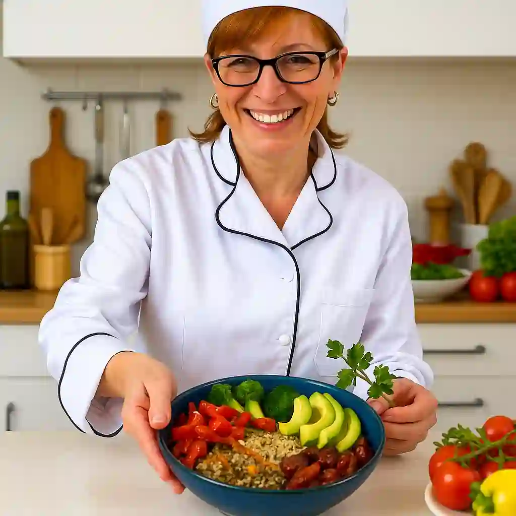 Woman serving a delicious vegan meal prep bowl with quinoa, roasted vegetables, and avocado in a bright kitchen.