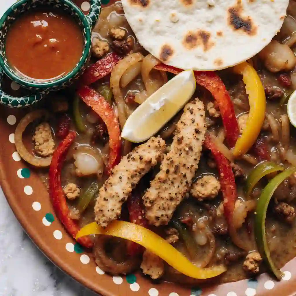 Delicious fajitas de pollo served with vibrant bell peppers, onions, cilantro, lime, and tortillas, ready to be enjoyed