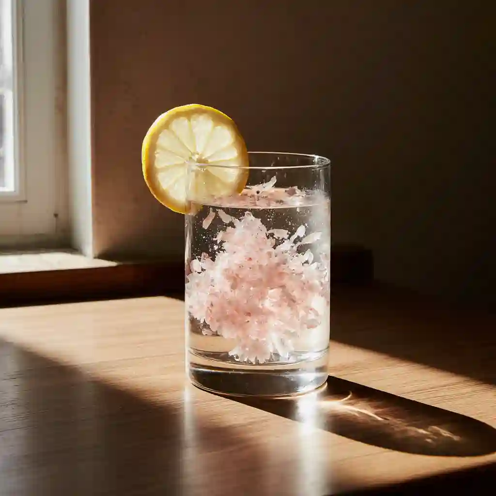 Pink Salt Trick Recipe for Weight Loss with warm water, Himalayan pink salt, and lemon slice in a modern kitchen setting