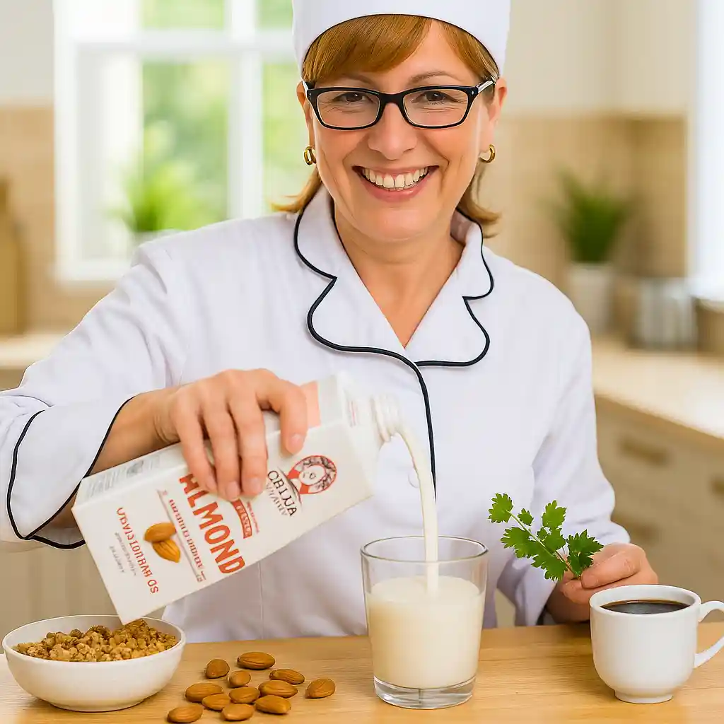 Woman serving a refreshing smoothie made with Califia Almond Milk in a kitchen