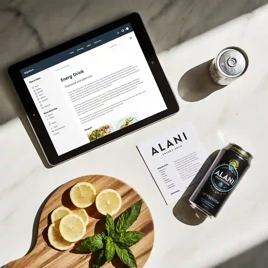 Ingredients in Alani Energy Drink displayed flat on kitchen counter