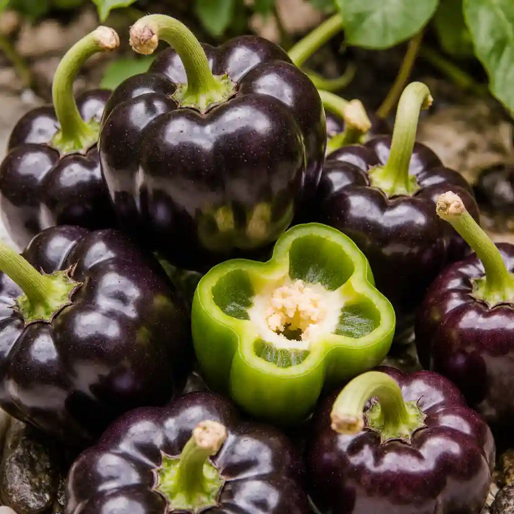 Purple bell peppers on a rustic kitchen counter with fresh herbs, vibrant and colorful, showcasing the natural texture and beauty of the peppers
