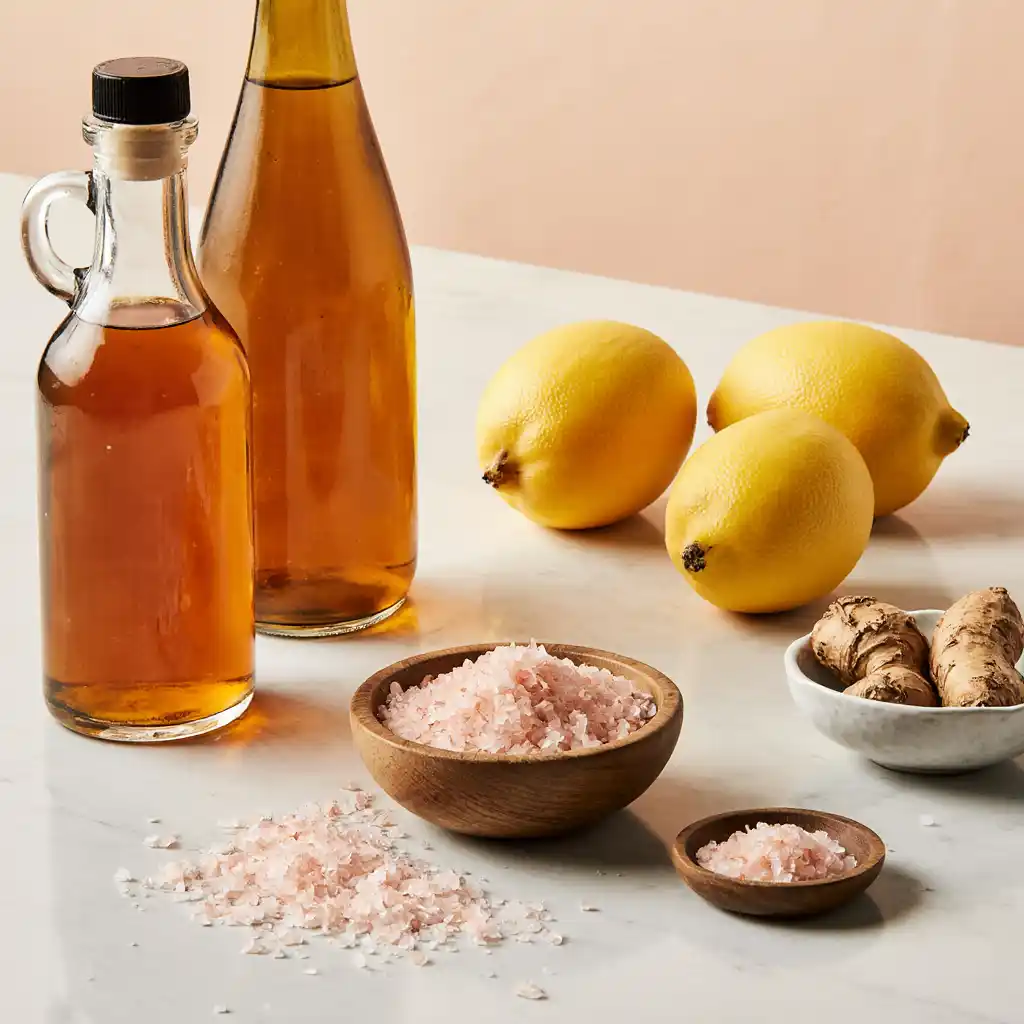 Ingredients for Himalayan pink salt weight loss recipe: Himalayan pink salt, apple cider vinegar, fresh lemons, and grated ginger