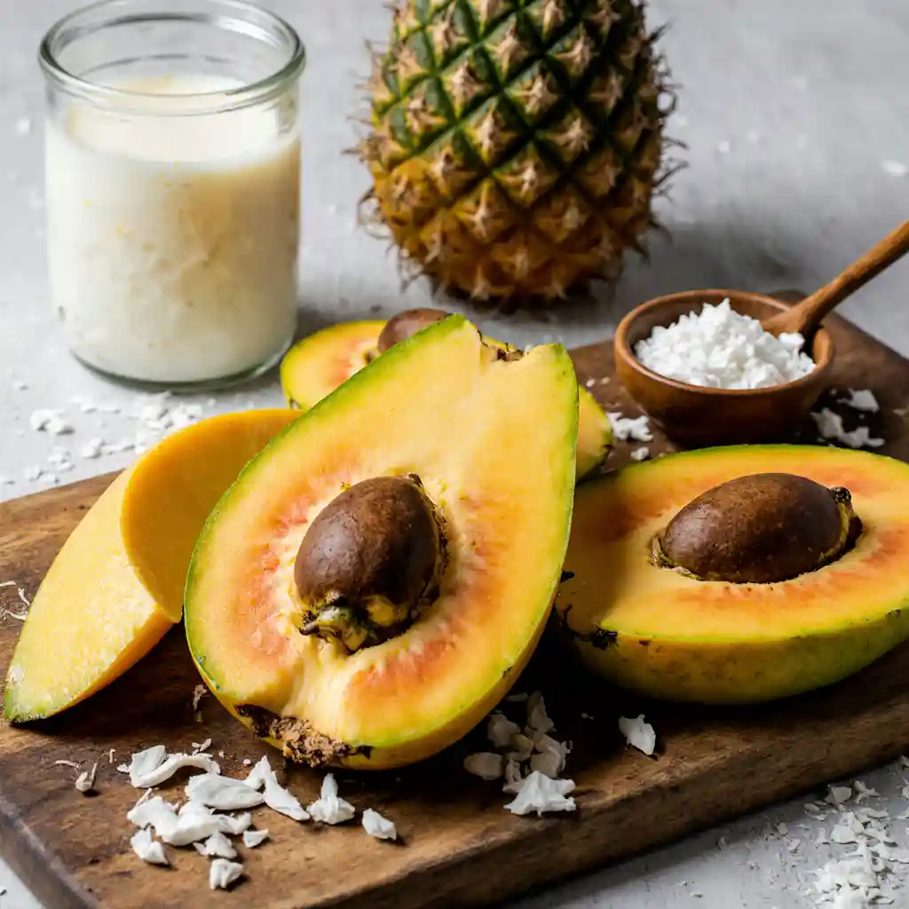 Fresh tropical fruits including mango, papaya, and pineapple, along with coconut milk and honey for the Brazilian Mounjaro recipe 3 ingredients