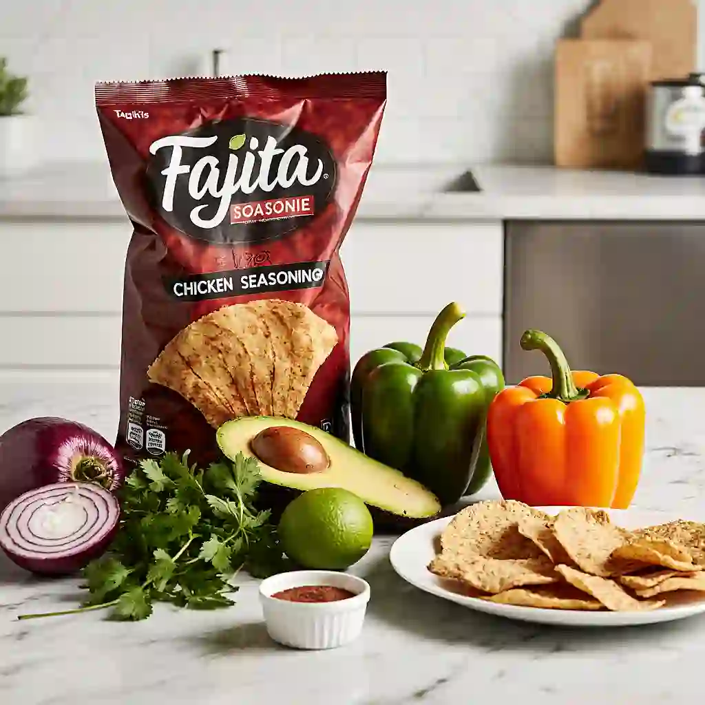 Fresh ingredients for Takis Fajita recipe, including bell peppers, onions, Takis Fajita chips, grilled chicken, lime, and avocado.