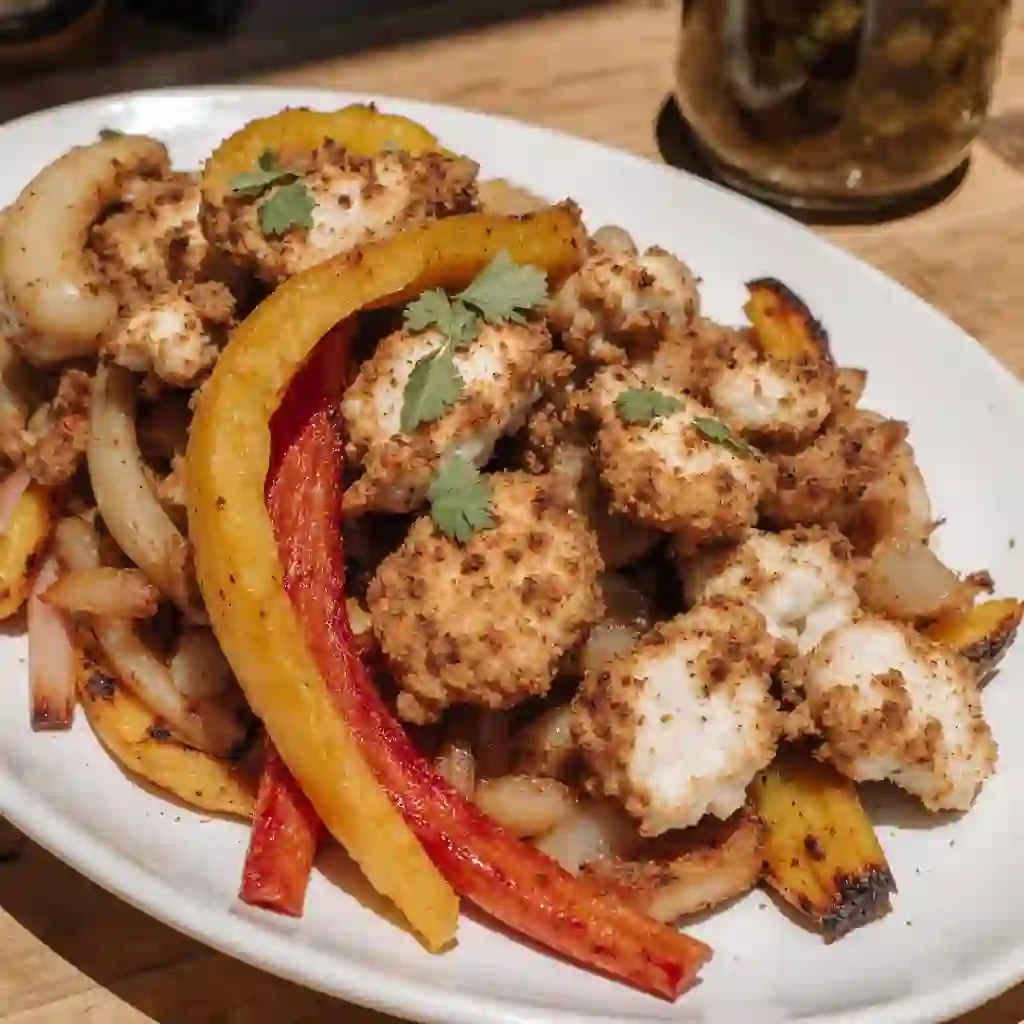 serving Blackstone Chicken Fajitas in a cozy kitchen, with grilled chicken, peppers, and tortillas.