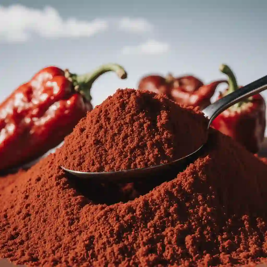 Fresh habanero pepper with salsa and ingredients on rustic kitchen table