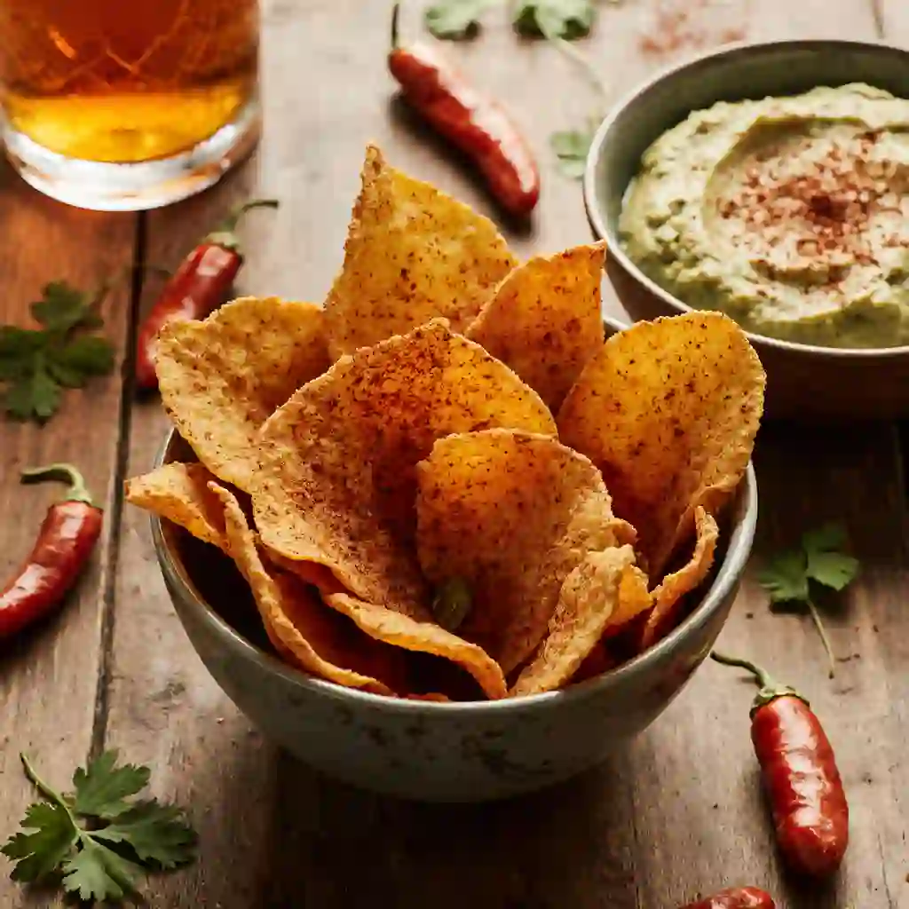 Habanero Pepper Chips with guacamole and a craft beer, garnished with whole Habanero peppers and fresh cilantro, on a rustic wooden table
