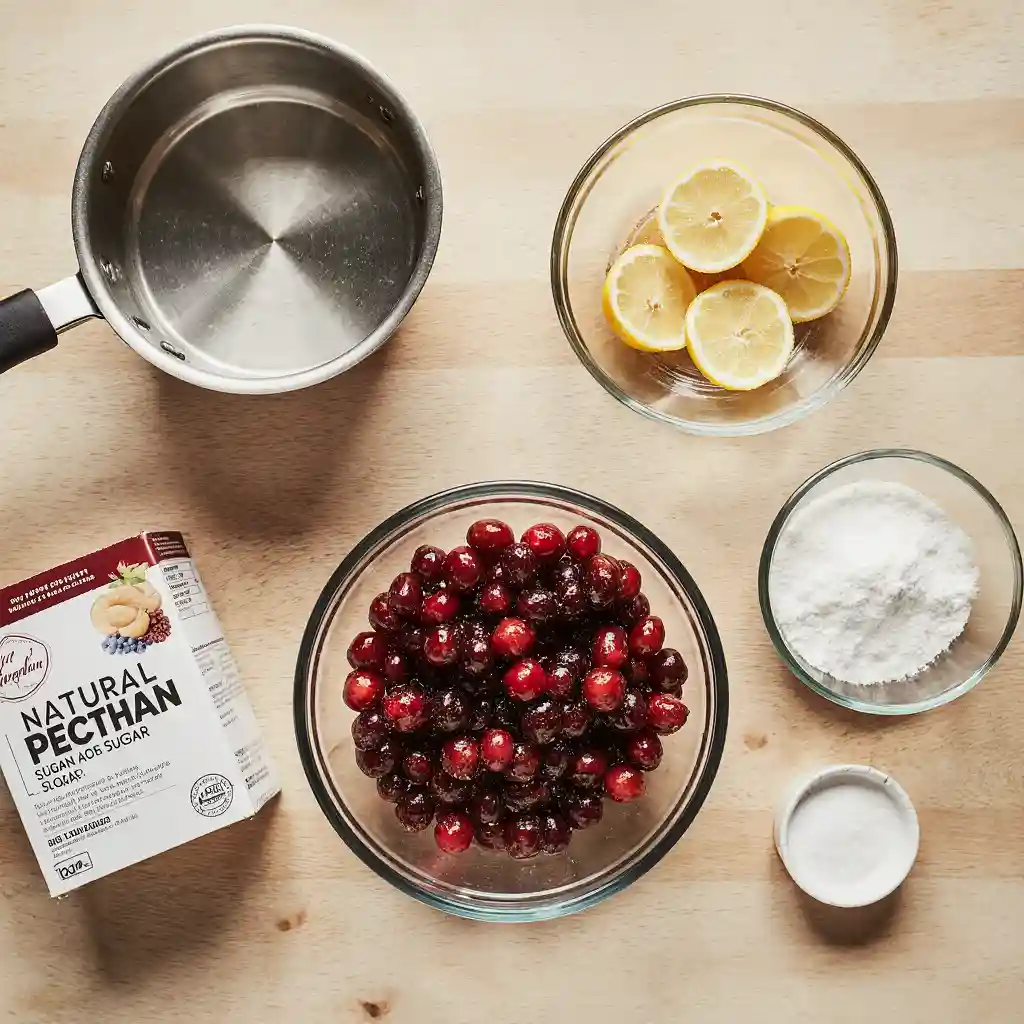 Ingredients for mayhaw jelly including berries, sugar, and lemon
