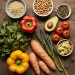 Fresh Meal Prep Vegan Ideas ngredients including bell peppers, sweet potatoes, quinoa, avocado, and chickpeas