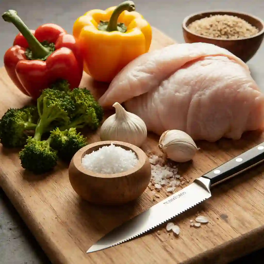 Fresh ingredients for A Salt Cellar Mounjaro Recipe on a rustic countertop with a pinch of salt from a wooden salt cellar