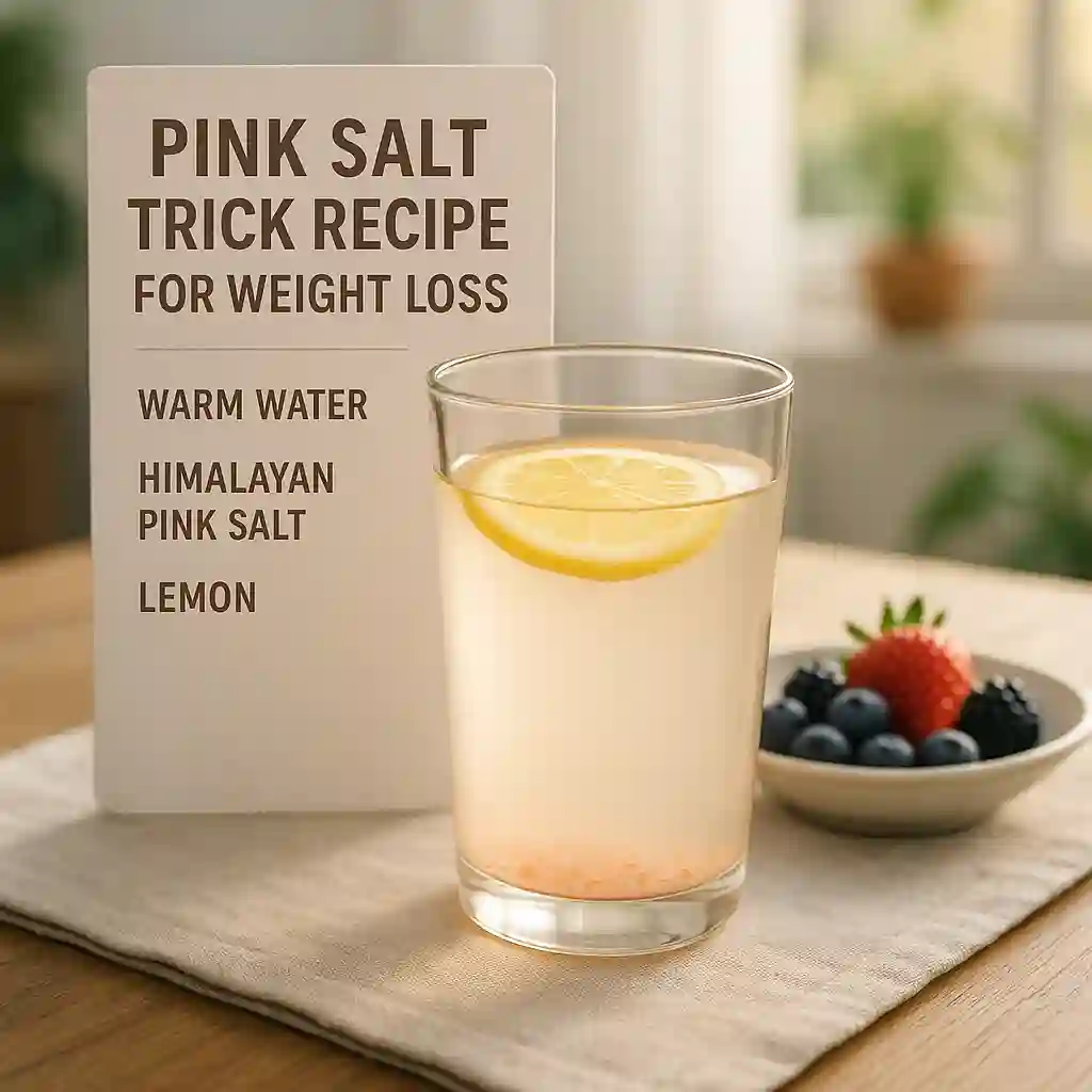 Finished Pink Salt Trick Recipe for Weight Loss served with fresh fruit in a peaceful kitchen setting